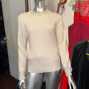 Adrianna Papell Cream Cardigan with Pearl and Silver Accents